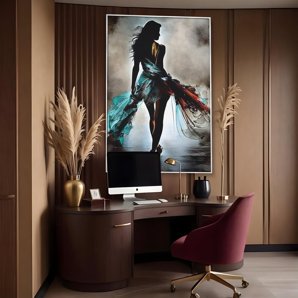 Tablou Canvas Premium, LuxCanva® G1205, Pasi peste Oglinda, Silueta, Pdium, Moda, Manechin, Oniric, Rochie, Voal, Fluiditate, Reflexii, Scenic, Pasi, Tocuri, Birou, Living, Dormitor