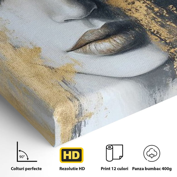 Tablou Canvas Premium, LuxCanva® G1207, Regina muta, Gold, Trandafir, Delicatete, Portret, Fragilitate, Chip, Petale, Umbra, Alchimie, Divin, Taina, Inger, Ochi, Suflet, Salon, Birou, Living, Dormitor