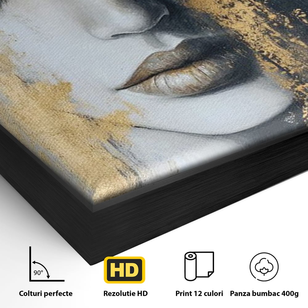 Tablou Canvas Premium, LuxCanva® G1207, Regina muta, Gold, Trandafir, Delicatete, Portret, Fragilitate, Chip, Petale, Umbra, Alchimie, Divin, Taina, Inger, Ochi, Suflet, Salon, Birou, Living, Dormitor