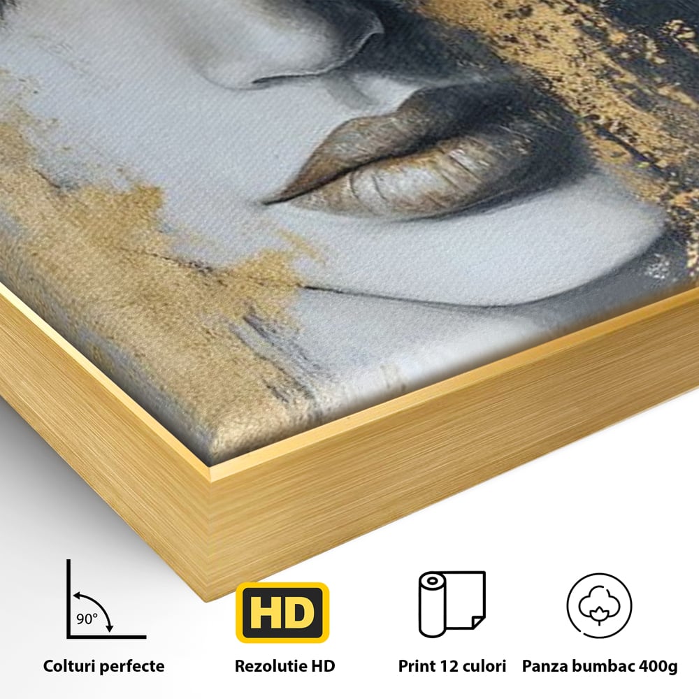 Tablou Canvas Premium, LuxCanva® G1207, Regina muta, Gold, Trandafir, Delicatete, Portret, Fragilitate, Chip, Petale, Umbra, Alchimie, Divin, Taina, Inger, Ochi, Suflet, Salon, Birou, Living, Dormitor
