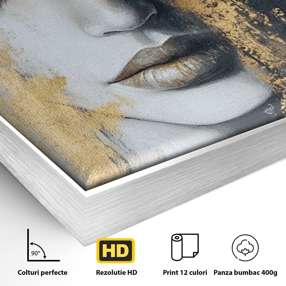 Tablou Canvas Premium, LuxCanva® G1207, Regina muta, Gold, Trandafir, Delicatete, Portret, Fragilitate, Chip, Petale, Umbra, Alchimie, Divin, Taina, Inger, Ochi, Suflet, Salon, Birou, Living, Dormitor
