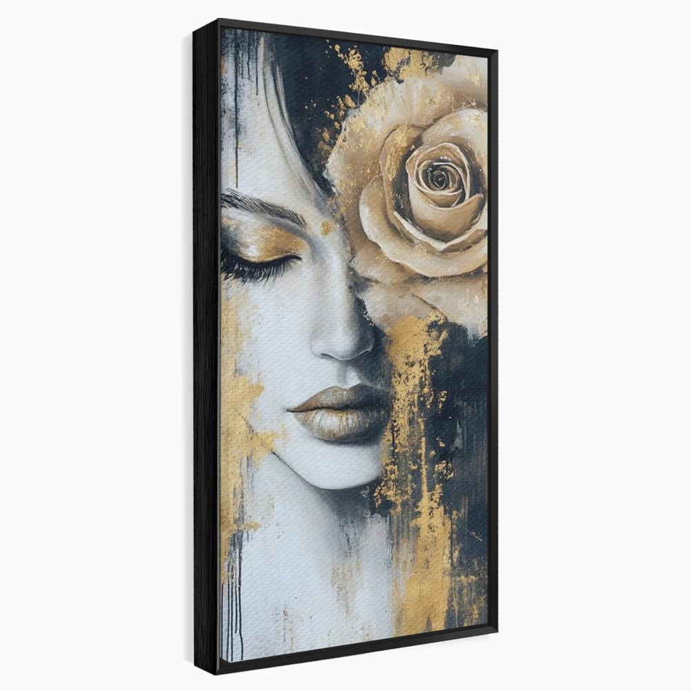 Tablou Canvas Premium, LuxCanva® G1207, Regina muta, Gold, Trandafir, Delicatete, Portret, Fragilitate, Chip, Petale, Umbra, Alchimie, Divin, Taina, Inger, Ochi, Suflet, Salon, Birou, Living, Dormitor