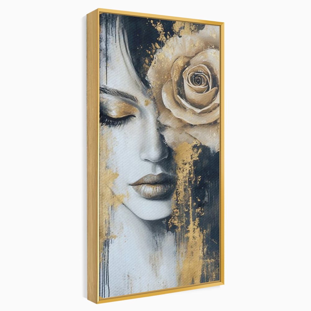 Tablou Canvas Premium, LuxCanva® G1207, Regina muta, Gold, Trandafir, Delicatete, Portret, Fragilitate, Chip, Petale, Umbra, Alchimie, Divin, Taina, Inger, Ochi, Suflet, Salon, Birou, Living, Dormitor