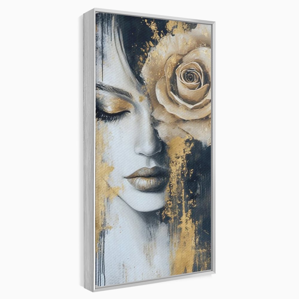 Tablou Canvas Premium, LuxCanva® G1207, Regina muta, Gold, Trandafir, Delicatete, Portret, Fragilitate, Chip, Petale, Umbra, Alchimie, Divin, Taina, Inger, Ochi, Suflet, Salon, Birou, Living, Dormitor