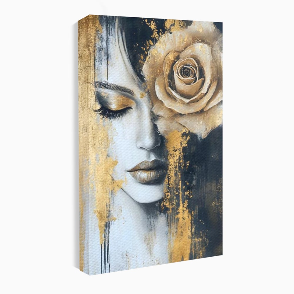 Tablou Canvas Premium, LuxCanva® G1207, Regina muta, Gold, Trandafir, Delicatete, Portret, Fragilitate, Chip, Petale, Umbra, Alchimie, Divin, Taina, Inger, Ochi, Suflet, Salon, Birou, Living, Dormitor