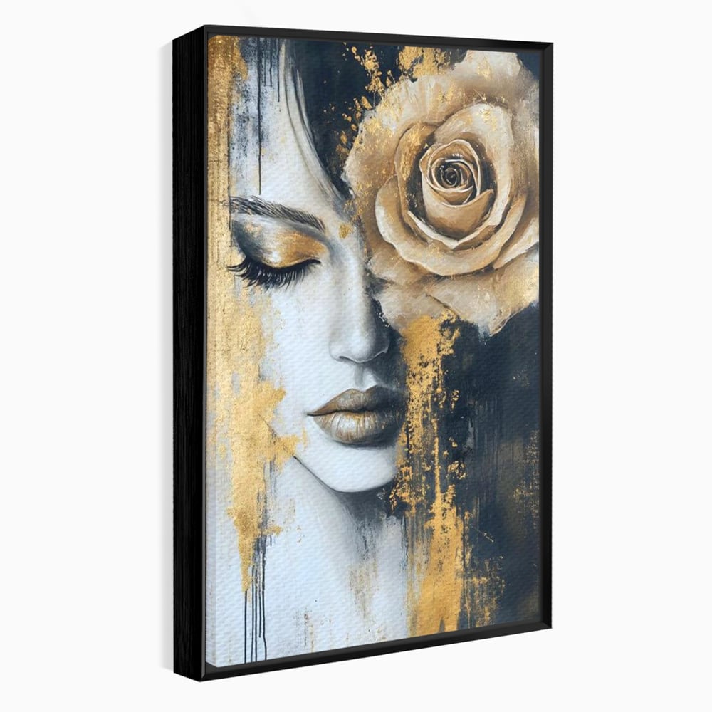 Tablou Canvas Premium, LuxCanva® G1207, Regina muta, Gold, Trandafir, Delicatete, Portret, Fragilitate, Chip, Petale, Umbra, Alchimie, Divin, Taina, Inger, Ochi, Suflet, Salon, Birou, Living, Dormitor