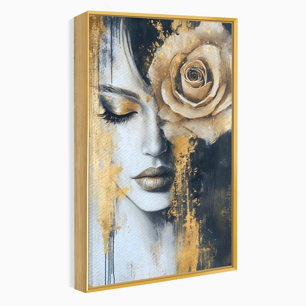 Tablou Canvas Premium, LuxCanva® G1207, Regina muta, Gold, Trandafir, Delicatete, Portret, Fragilitate, Chip, Petale, Umbra, Alchimie, Divin, Taina, Inger, Ochi, Suflet, Salon, Birou, Living, Dormitor