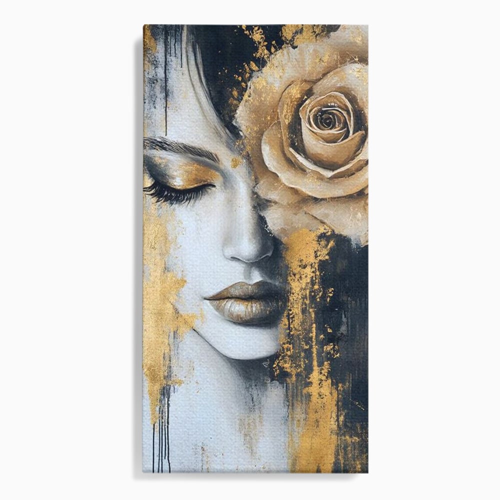 Tablou Canvas Premium, LuxCanva® G1207, Regina muta, Gold, Trandafir, Delicatete, Portret, Fragilitate, Chip, Petale, Umbra, Alchimie, Divin, Taina, Inger, Ochi, Suflet, Salon, Birou, Living, Dormitor