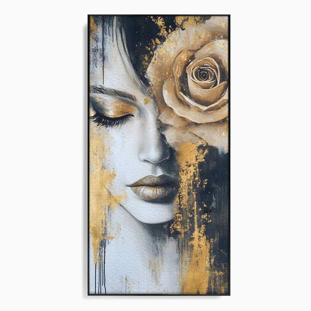 Tablou Canvas Premium, LuxCanva® G1207, Regina muta, Gold, Trandafir, Delicatete, Portret, Fragilitate, Chip, Petale, Umbra, Alchimie, Divin, Taina, Inger, Ochi, Suflet, Salon, Birou, Living, Dormitor