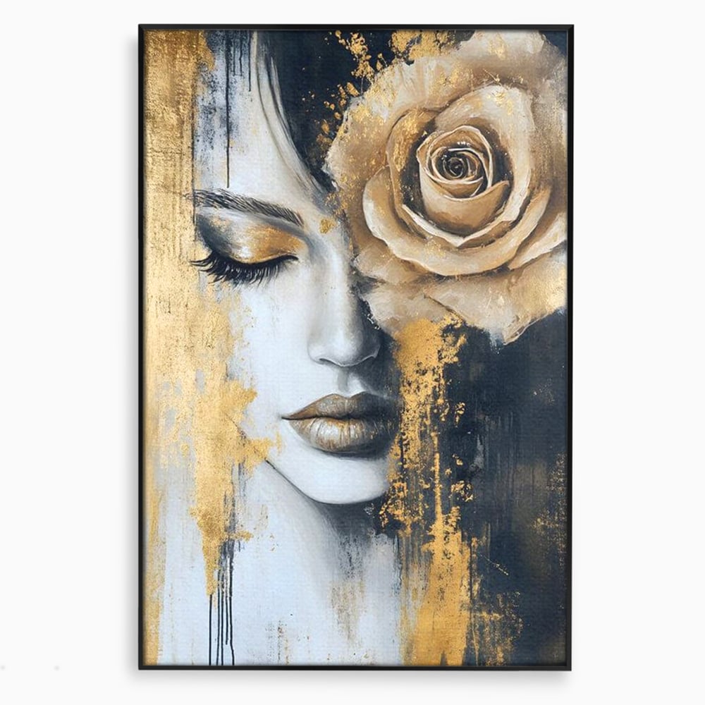 Tablou Canvas Premium, LuxCanva® G1207, Regina muta, Gold, Trandafir, Delicatete, Portret, Fragilitate, Chip, Petale, Umbra, Alchimie, Divin, Taina, Inger, Ochi, Suflet, Salon, Birou, Living, Dormitor