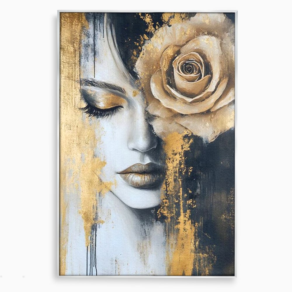 Tablou Canvas Premium, LuxCanva® G1207, Regina muta, Gold, Trandafir, Delicatete, Portret, Fragilitate, Chip, Petale, Umbra, Alchimie, Divin, Taina, Inger, Ochi, Suflet, Salon, Birou, Living, Dormitor