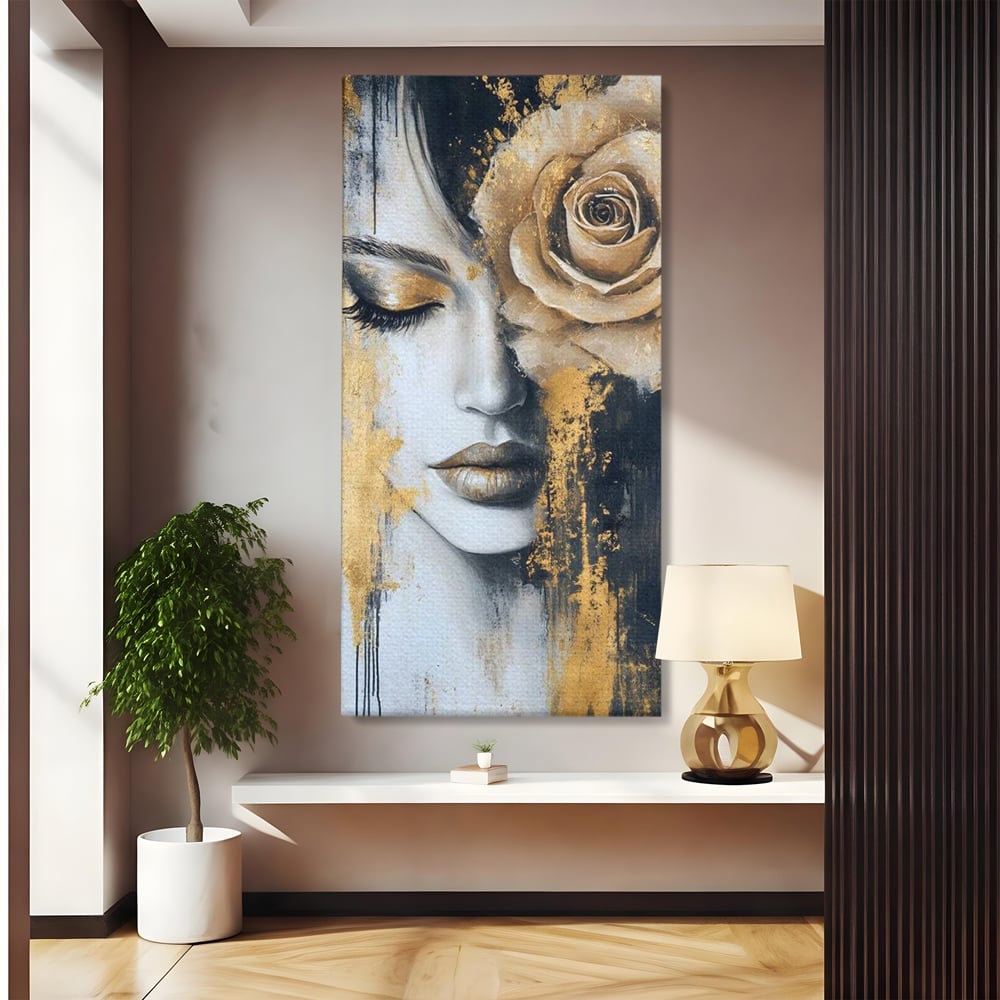 Tablou Canvas Premium, LuxCanva® G1207, Regina muta, Gold, Trandafir, Delicatete, Portret, Fragilitate, Chip, Petale, Umbra, Alchimie, Divin, Taina, Inger, Ochi, Suflet, Salon, Birou, Living, Dormitor