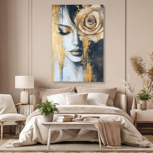 Tablou Canvas Premium, LuxCanva® G1207, Regina muta, Gold, Trandafir, Delicatete, Portret, Fragilitate, Chip, Petale, Umbra, Alchimie, Divin, Taina, Inger, Ochi, Suflet, Salon, Birou, Living, Dormitor