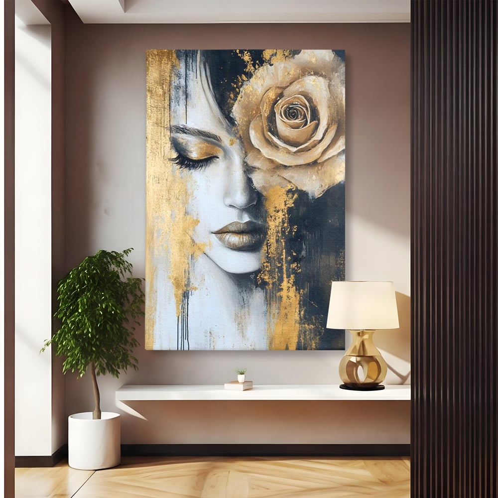 Tablou Canvas Premium, LuxCanva® G1207, Regina muta, Gold, Trandafir, Delicatete, Portret, Fragilitate, Chip, Petale, Umbra, Alchimie, Divin, Taina, Inger, Ochi, Suflet, Salon, Birou, Living, Dormitor