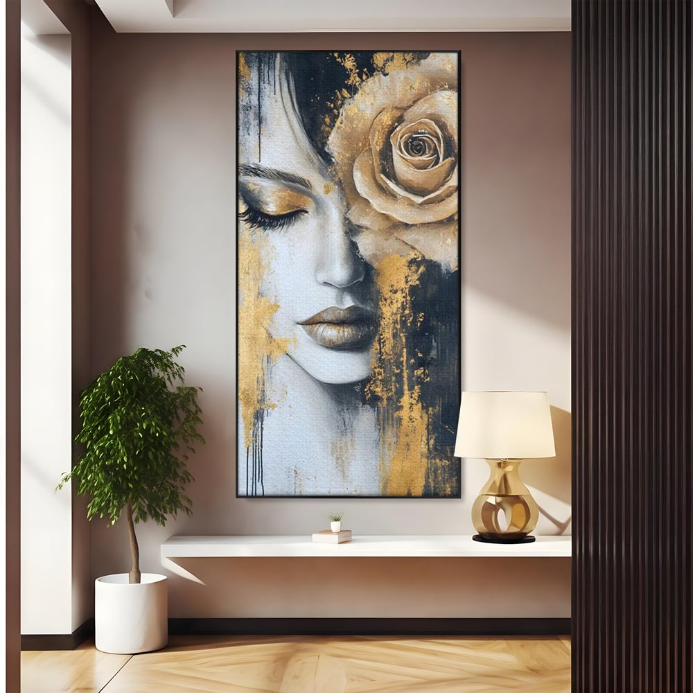 Tablou Canvas Premium, LuxCanva® G1207, Regina muta, Gold, Trandafir, Delicatete, Portret, Fragilitate, Chip, Petale, Umbra, Alchimie, Divin, Taina, Inger, Ochi, Suflet, Salon, Birou, Living, Dormitor