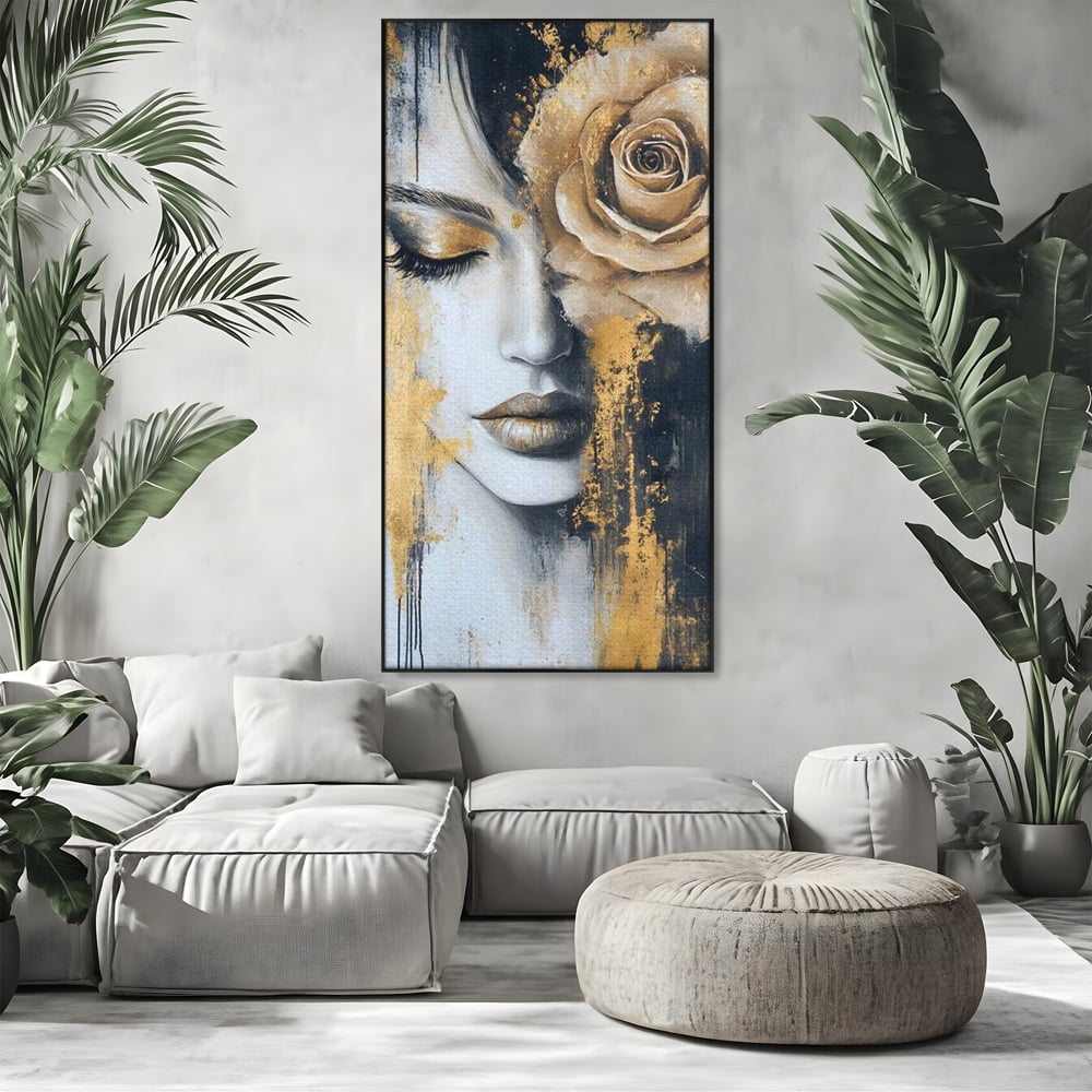 Tablou Canvas Premium, LuxCanva® G1207, Regina muta, Gold, Trandafir, Delicatete, Portret, Fragilitate, Chip, Petale, Umbra, Alchimie, Divin, Taina, Inger, Ochi, Suflet, Salon, Birou, Living, Dormitor