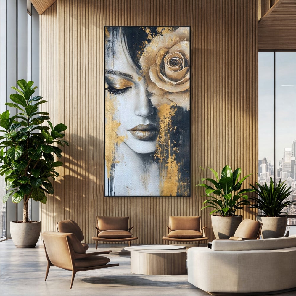 Tablou Canvas Premium, LuxCanva® G1207, Regina muta, Gold, Trandafir, Delicatete, Portret, Fragilitate, Chip, Petale, Umbra, Alchimie, Divin, Taina, Inger, Ochi, Suflet, Salon, Birou, Living, Dormitor
