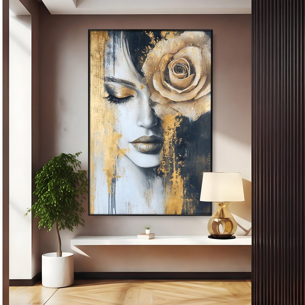 Tablou Canvas Premium, LuxCanva® G1207, Regina muta, Gold, Trandafir, Delicatete, Portret, Fragilitate, Chip, Petale, Umbra, Alchimie, Divin, Taina, Inger, Ochi, Suflet, Salon, Birou, Living, Dormitor