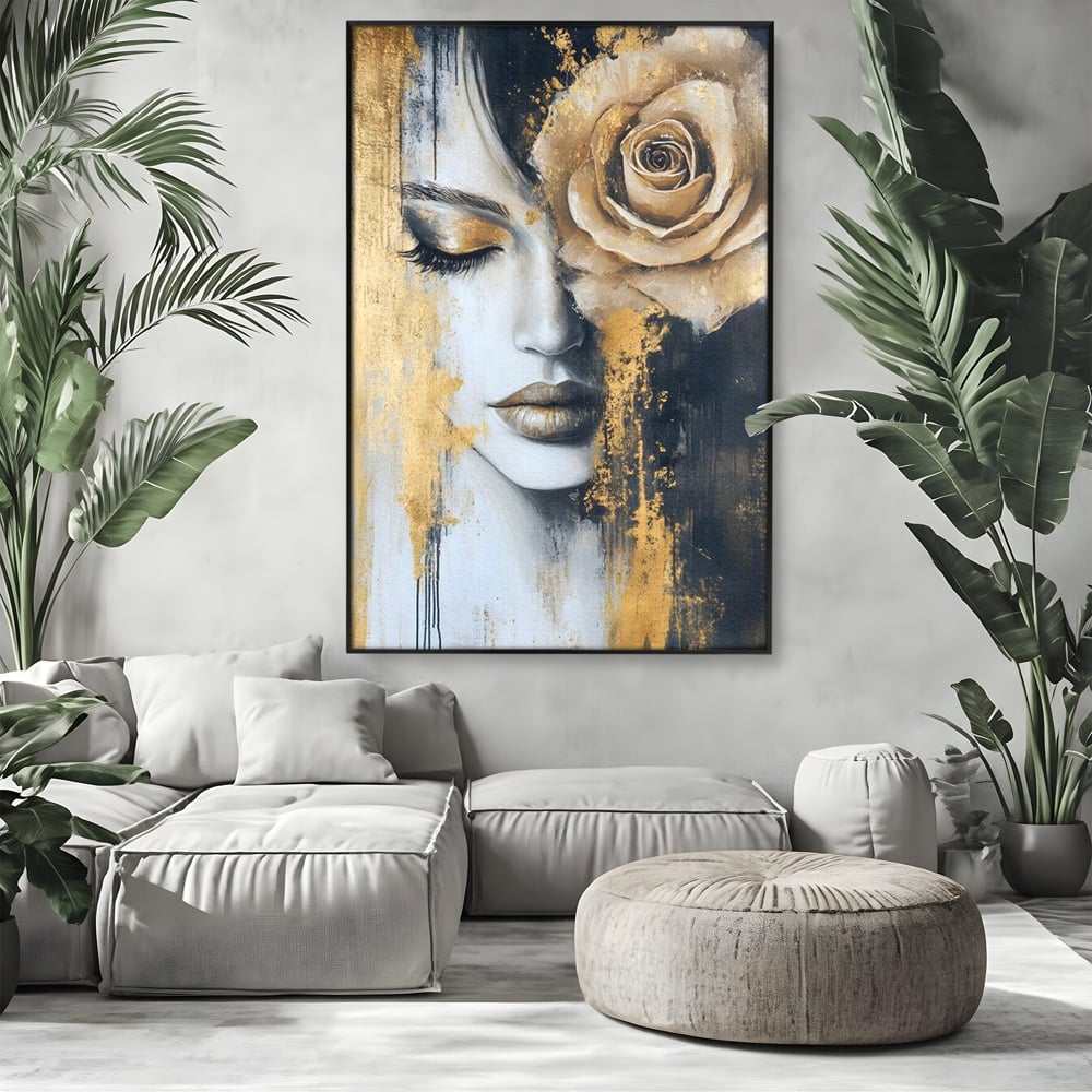 Tablou Canvas Premium, LuxCanva® G1207, Regina muta, Gold, Trandafir, Delicatete, Portret, Fragilitate, Chip, Petale, Umbra, Alchimie, Divin, Taina, Inger, Ochi, Suflet, Salon, Birou, Living, Dormitor
