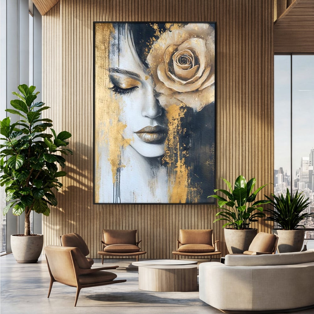 Tablou Canvas Premium, LuxCanva® G1207, Regina muta, Gold, Trandafir, Delicatete, Portret, Fragilitate, Chip, Petale, Umbra, Alchimie, Divin, Taina, Inger, Ochi, Suflet, Salon, Birou, Living, Dormitor
