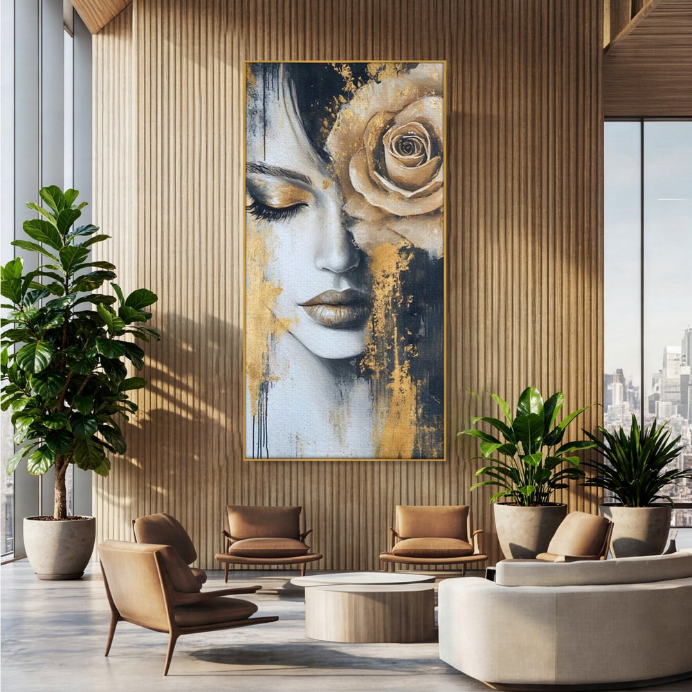 Tablou Canvas Premium, LuxCanva® G1207, Regina muta, Gold, Trandafir, Delicatete, Portret, Fragilitate, Chip, Petale, Umbra, Alchimie, Divin, Taina, Inger, Ochi, Suflet, Salon, Birou, Living, Dormitor