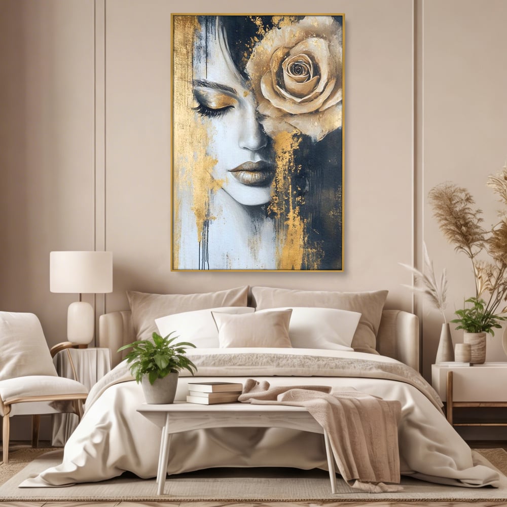 Tablou Canvas Premium, LuxCanva® G1207, Regina muta, Gold, Trandafir, Delicatete, Portret, Fragilitate, Chip, Petale, Umbra, Alchimie, Divin, Taina, Inger, Ochi, Suflet, Salon, Birou, Living, Dormitor