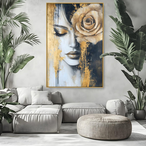 Leinwand Wandkunst Canvas Premium, LuxCanva® G1207, Stumme Königin, Gold, Rose, Zartheit, Porträt, Zerbrechlichkeit, Gesicht, Blütenblätter, Schatten, Alchemie, göttlich, göttlich, Mysterium, Engel, Augen, Seele, Wohnzimmer, Büro, Wohnzimmer, Schlafzimmer