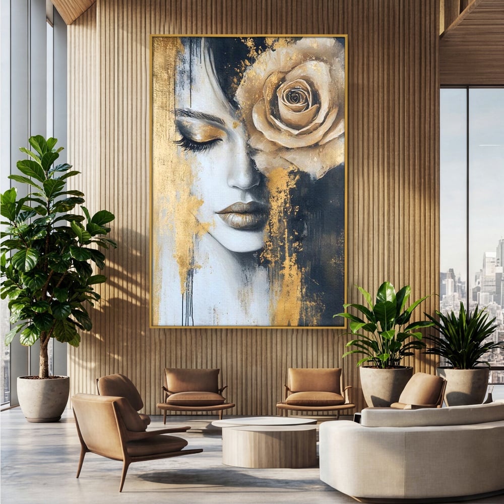 Tablou Canvas Premium, LuxCanva® G1207, Regina muta, Gold, Trandafir, Delicatete, Portret, Fragilitate, Chip, Petale, Umbra, Alchimie, Divin, Taina, Inger, Ochi, Suflet, Salon, Birou, Living, Dormitor