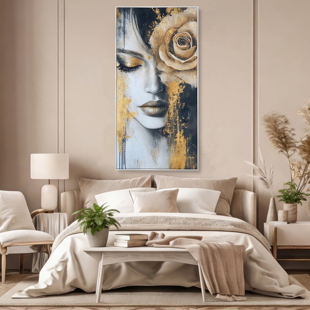 Tablou Canvas Premium, LuxCanva® G1207, Regina muta, Gold, Trandafir, Delicatete, Portret, Fragilitate, Chip, Petale, Umbra, Alchimie, Divin, Taina, Inger, Ochi, Suflet, Salon, Birou, Living, Dormitor