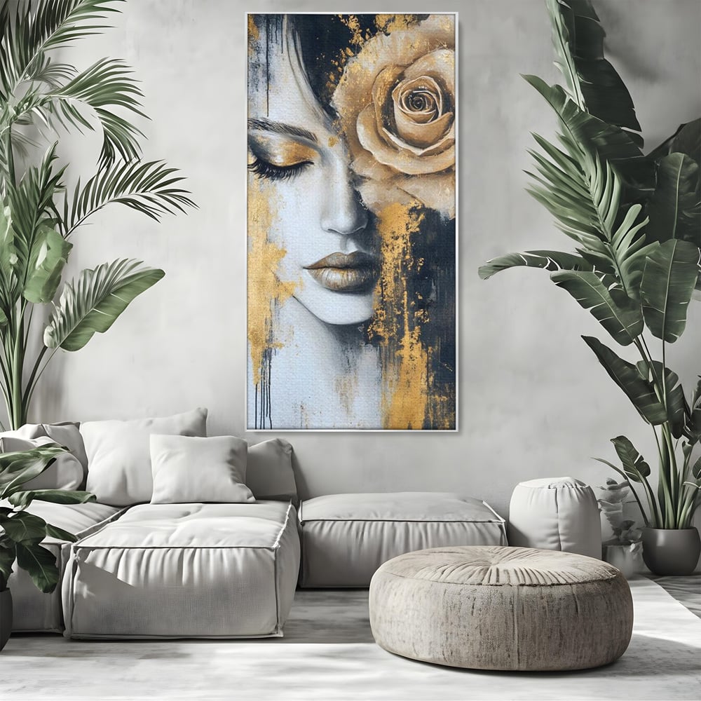 Tablou Canvas Premium, LuxCanva® G1207, Regina muta, Gold, Trandafir, Delicatete, Portret, Fragilitate, Chip, Petale, Umbra, Alchimie, Divin, Taina, Inger, Ochi, Suflet, Salon, Birou, Living, Dormitor