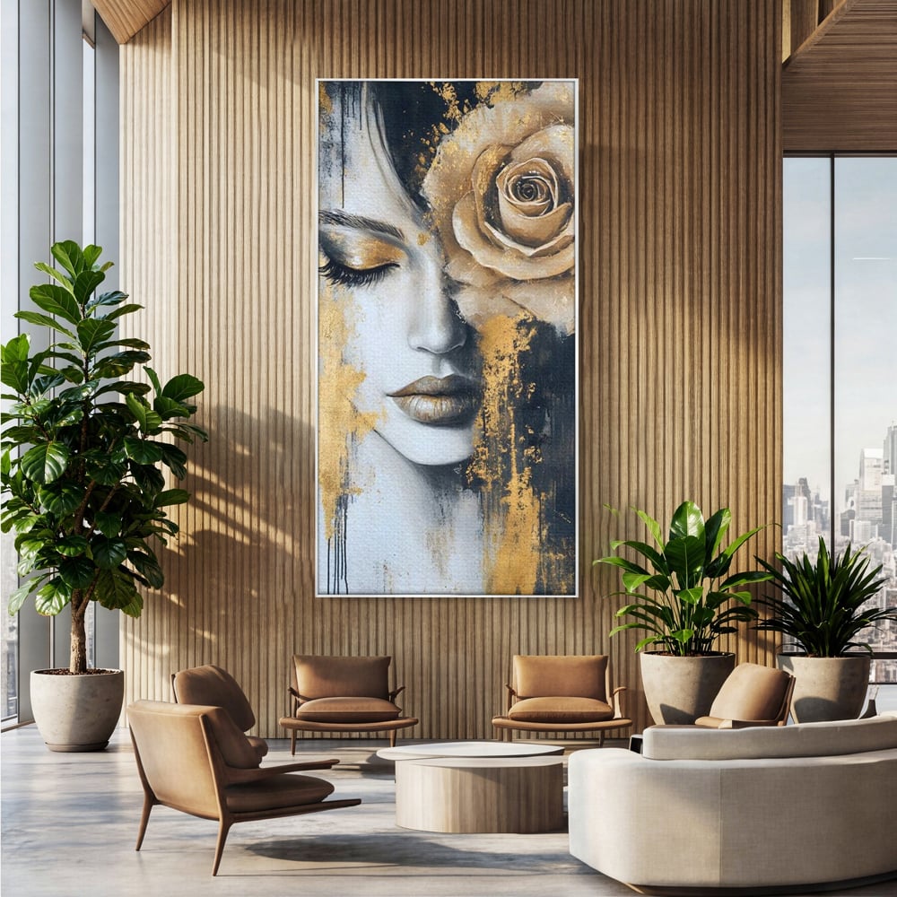 Tablou Canvas Premium, LuxCanva® G1207, Regina muta, Gold, Trandafir, Delicatete, Portret, Fragilitate, Chip, Petale, Umbra, Alchimie, Divin, Taina, Inger, Ochi, Suflet, Salon, Birou, Living, Dormitor
