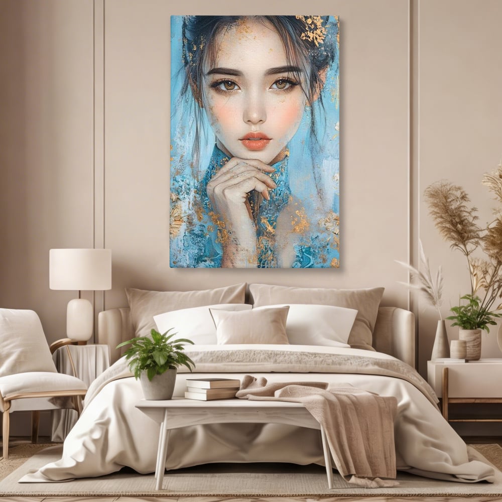 Tablou Canvas Premium, LuxCanva® G1208, Vis de Iasomie, Serenitate, Azuriu, Sublim, Gratie, Frumos, Chip, Portret, Auriu, Reflexii, Mana, Gand, Dorinta, Safir, Privire, Salon, Birou, Living, Dormitor
