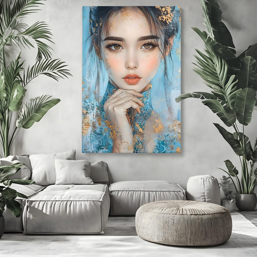 Tablou Canvas Premium, LuxCanva® G1208, Vis de Iasomie, Serenitate, Azuriu, Sublim, Gratie, Frumos, Chip, Portret, Auriu, Reflexii, Mana, Gand, Dorinta, Safir, Privire, Salon, Birou, Living, Dormitor
