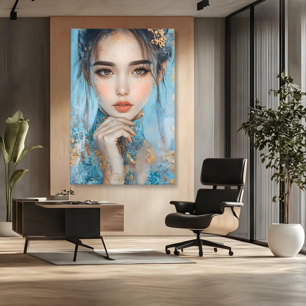Tablou Canvas Premium, LuxCanva® G1208, Vis de Iasomie, Serenitate, Azuriu, Sublim, Gratie, Frumos, Chip, Portret, Auriu, Reflexii, Mana, Gand, Dorinta, Safir, Privire, Salon, Birou, Living, Dormitor