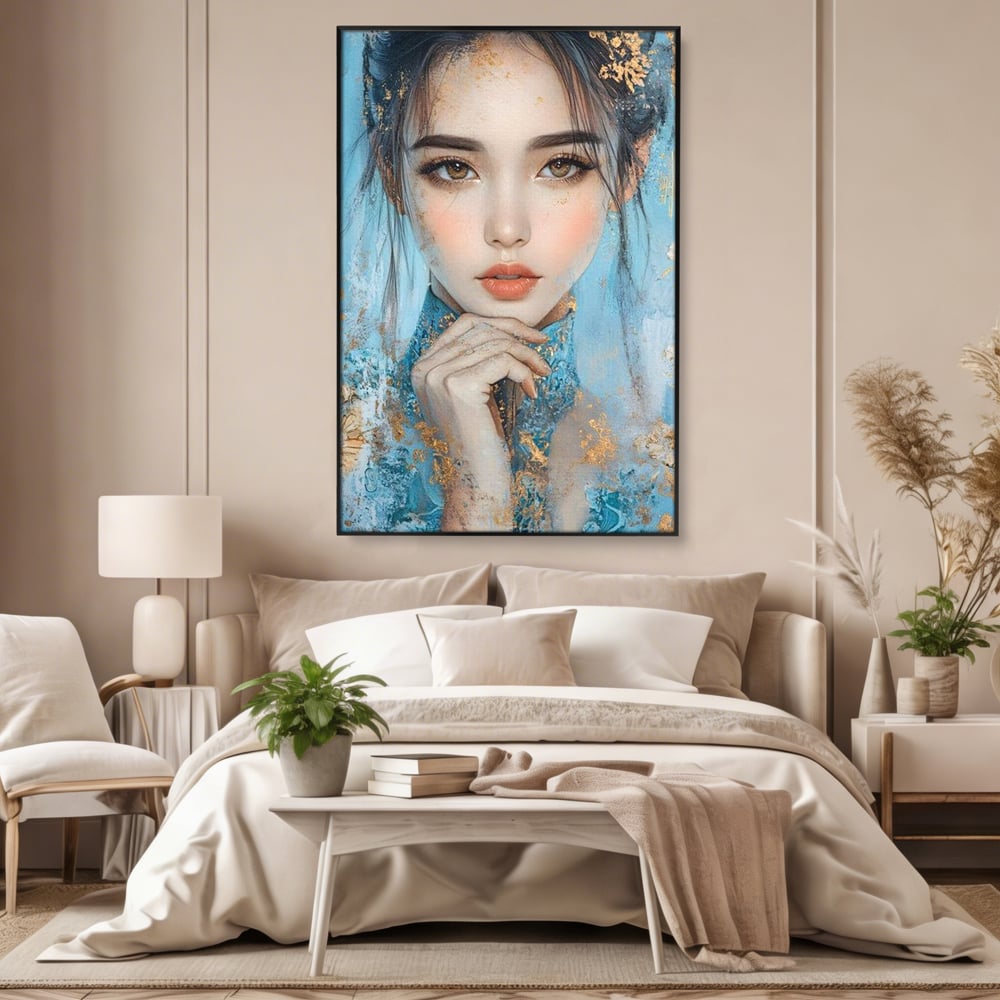 Tablou Canvas Premium, LuxCanva® G1208, Vis de Iasomie, Serenitate, Azuriu, Sublim, Gratie, Frumos, Chip, Portret, Auriu, Reflexii, Mana, Gand, Dorinta, Safir, Privire, Salon, Birou, Living, Dormitor