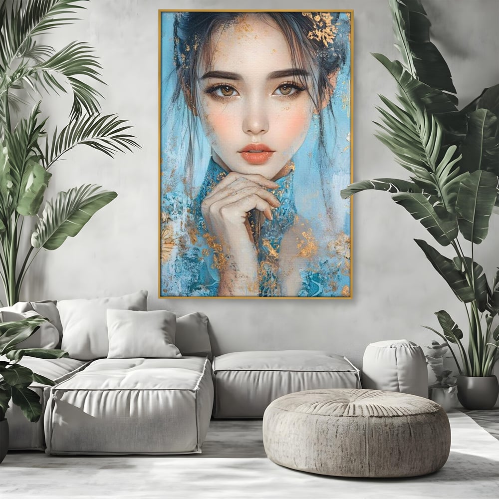 Tablou Canvas Premium, LuxCanva® G1208, Vis de Iasomie, Serenitate, Azuriu, Sublim, Gratie, Frumos, Chip, Portret, Auriu, Reflexii, Mana, Gand, Dorinta, Safir, Privire, Salon, Birou, Living, Dormitor