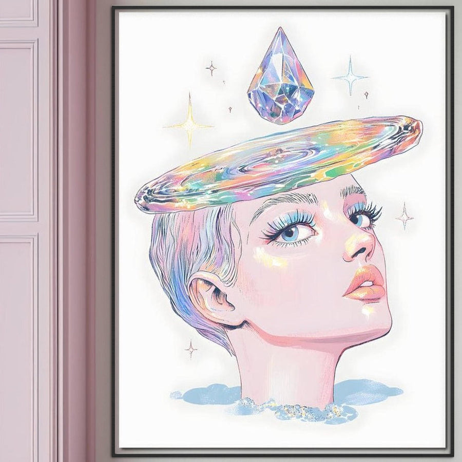 Tabloul LuxCanva® Tablou Canvas Premium G1209, "Cosmosul din Priviri", prezintă un chip de femeie stilizat cu o coroană de galaxie, un diamant plutitor și un fundal înstelat - perfect pentru a adăuga farmec cosmic și eteric sufrageriei, dormitorului sau biroului dumneavoastră.