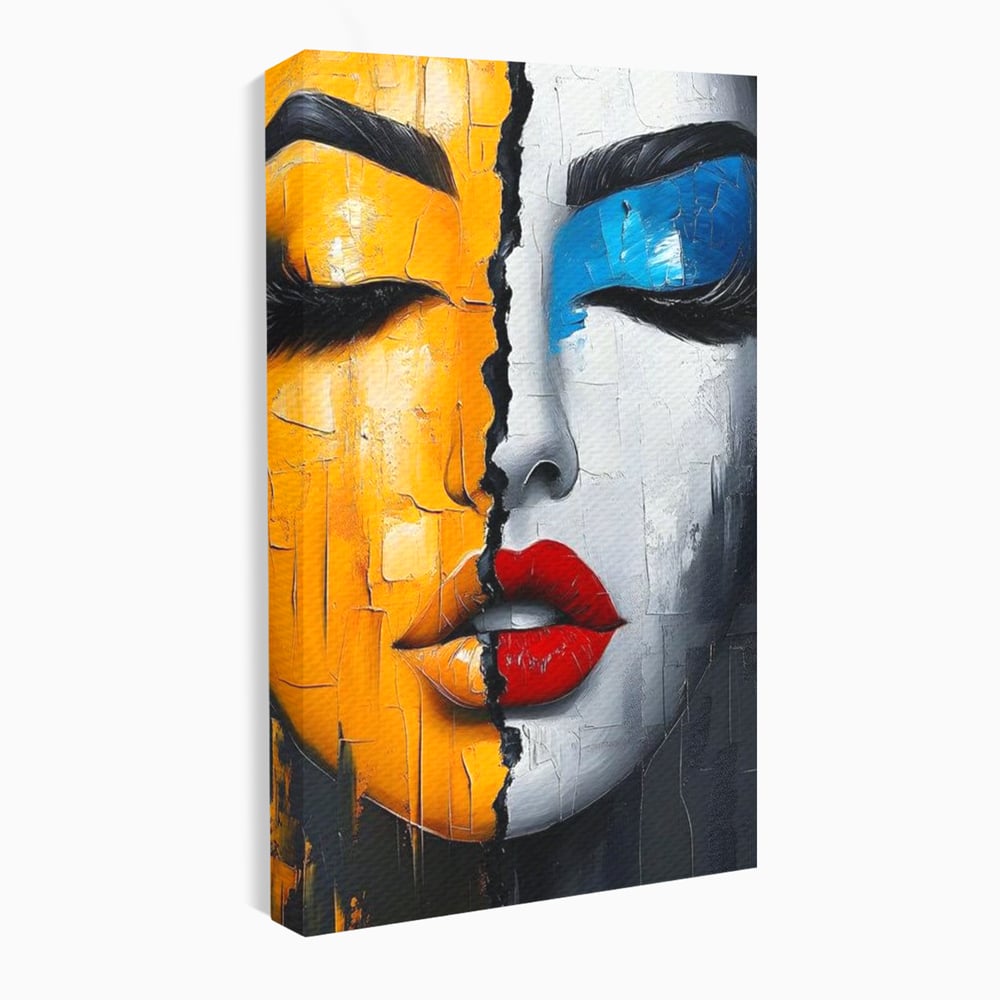 Leinwand Premium Canvas Wandkunst, LuxCanva® G1210, Stille und Schrei, Dualität, Mädchen, Kontrast, Schönheit, Licht, Schatten, Maske, Teilung, Wirkung, Herz, Porträt, Stille, Frieden, Lounge, Büro, Wohnzimmer, Schlafzimmer