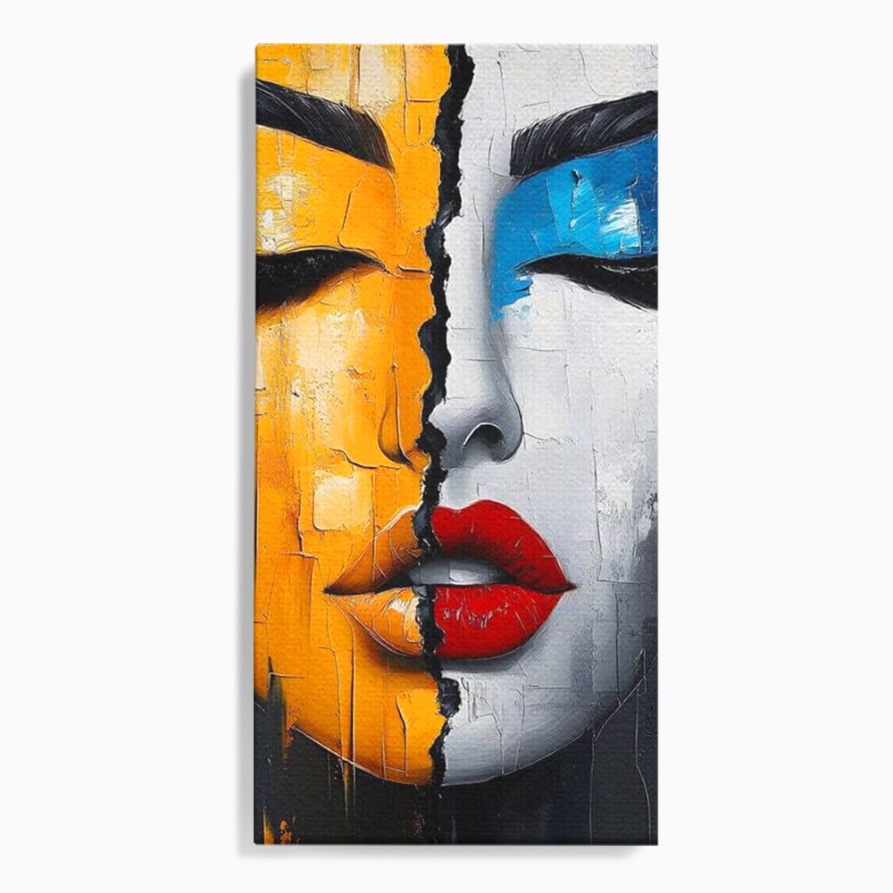 Leinwand Premium Canvas Wandkunst, LuxCanva® G1210, Stille und Schrei, Dualität, Mädchen, Kontrast, Schönheit, Licht, Schatten, Maske, Teilung, Wirkung, Herz, Porträt, Stille, Frieden, Lounge, Büro, Wohnzimmer, Schlafzimmer