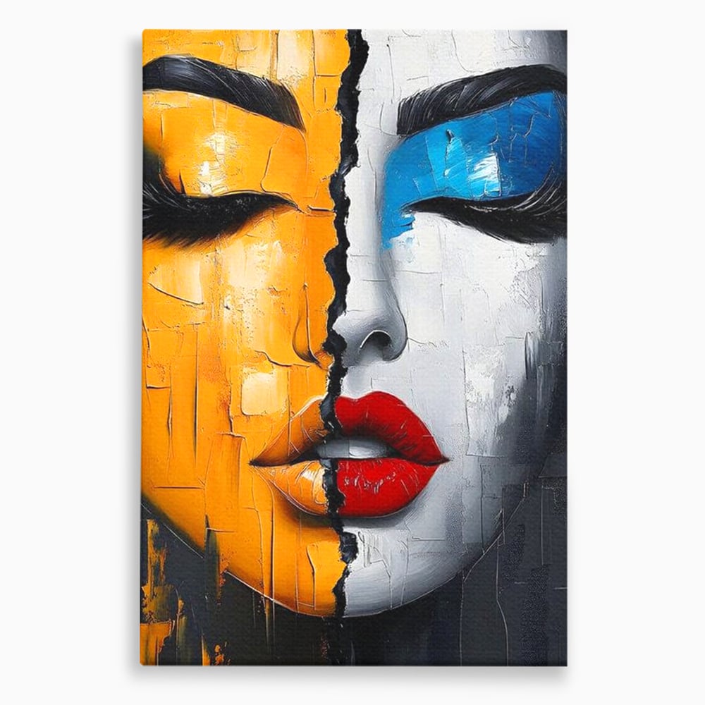 Leinwand Premium Canvas Wandkunst, LuxCanva® G1210, Stille und Schrei, Dualität, Mädchen, Kontrast, Schönheit, Licht, Schatten, Maske, Teilung, Wirkung, Herz, Porträt, Stille, Frieden, Lounge, Büro, Wohnzimmer, Schlafzimmer