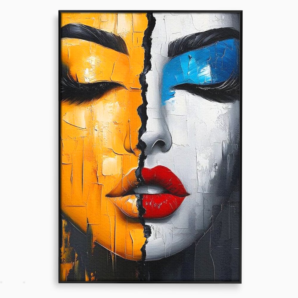 Leinwand Premium Canvas Wandkunst, LuxCanva® G1210, Stille und Schrei, Dualität, Mädchen, Kontrast, Schönheit, Licht, Schatten, Maske, Teilung, Wirkung, Herz, Porträt, Stille, Frieden, Lounge, Büro, Wohnzimmer, Schlafzimmer