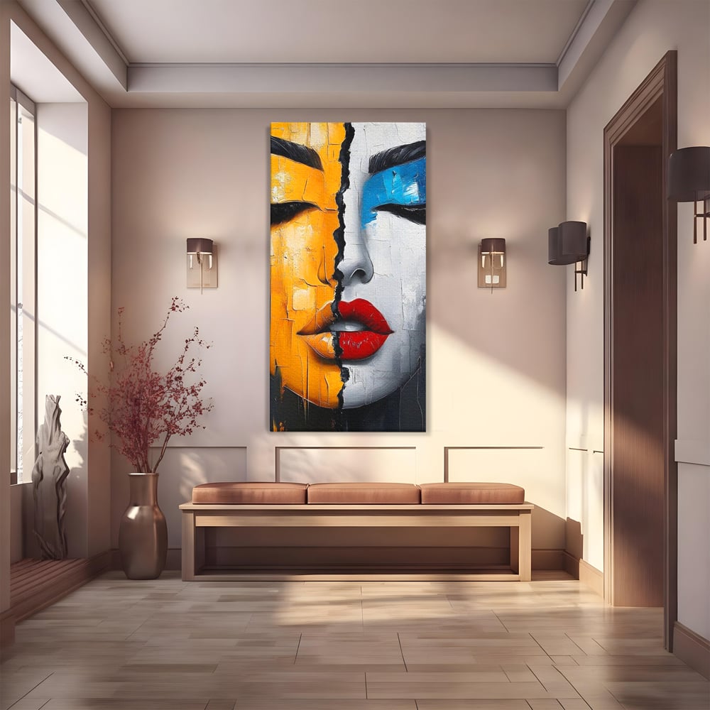 Leinwand Premium Canvas Wandkunst, LuxCanva® G1210, Stille und Schrei, Dualität, Mädchen, Kontrast, Schönheit, Licht, Schatten, Maske, Teilung, Wirkung, Herz, Porträt, Stille, Frieden, Lounge, Büro, Wohnzimmer, Schlafzimmer