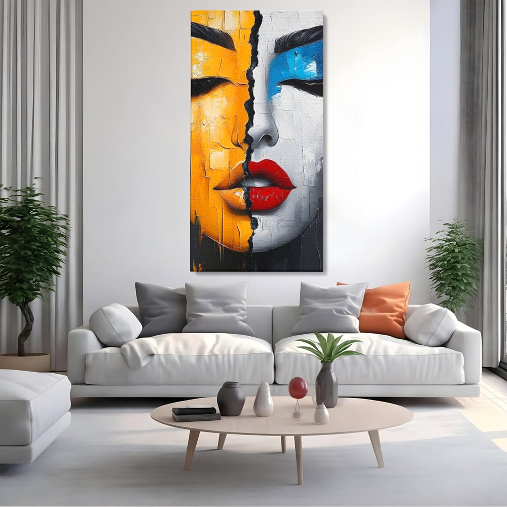 Leinwand Premium Canvas Wandkunst, LuxCanva® G1210, Stille und Schrei, Dualität, Mädchen, Kontrast, Schönheit, Licht, Schatten, Maske, Teilung, Wirkung, Herz, Porträt, Stille, Frieden, Lounge, Büro, Wohnzimmer, Schlafzimmer