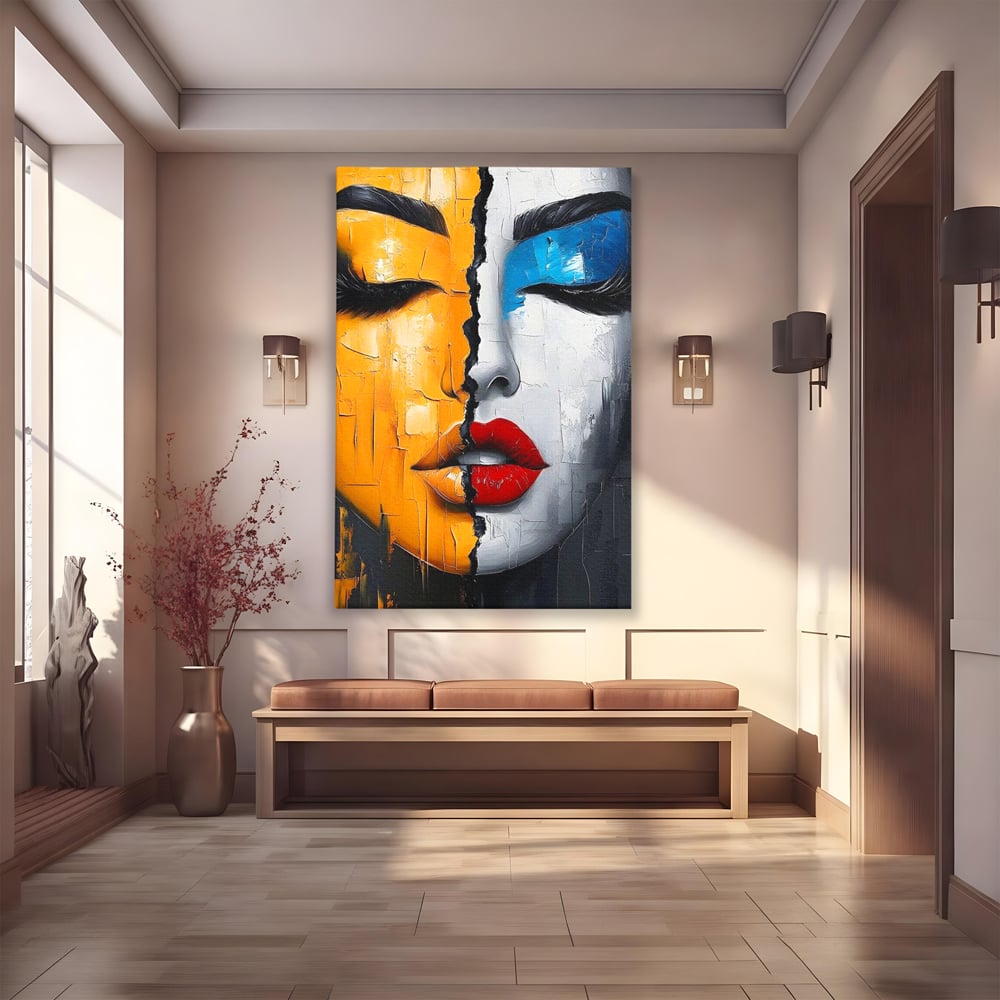 Leinwand Premium Canvas Wandkunst, LuxCanva® G1210, Stille und Schrei, Dualität, Mädchen, Kontrast, Schönheit, Licht, Schatten, Maske, Teilung, Wirkung, Herz, Porträt, Stille, Frieden, Lounge, Büro, Wohnzimmer, Schlafzimmer