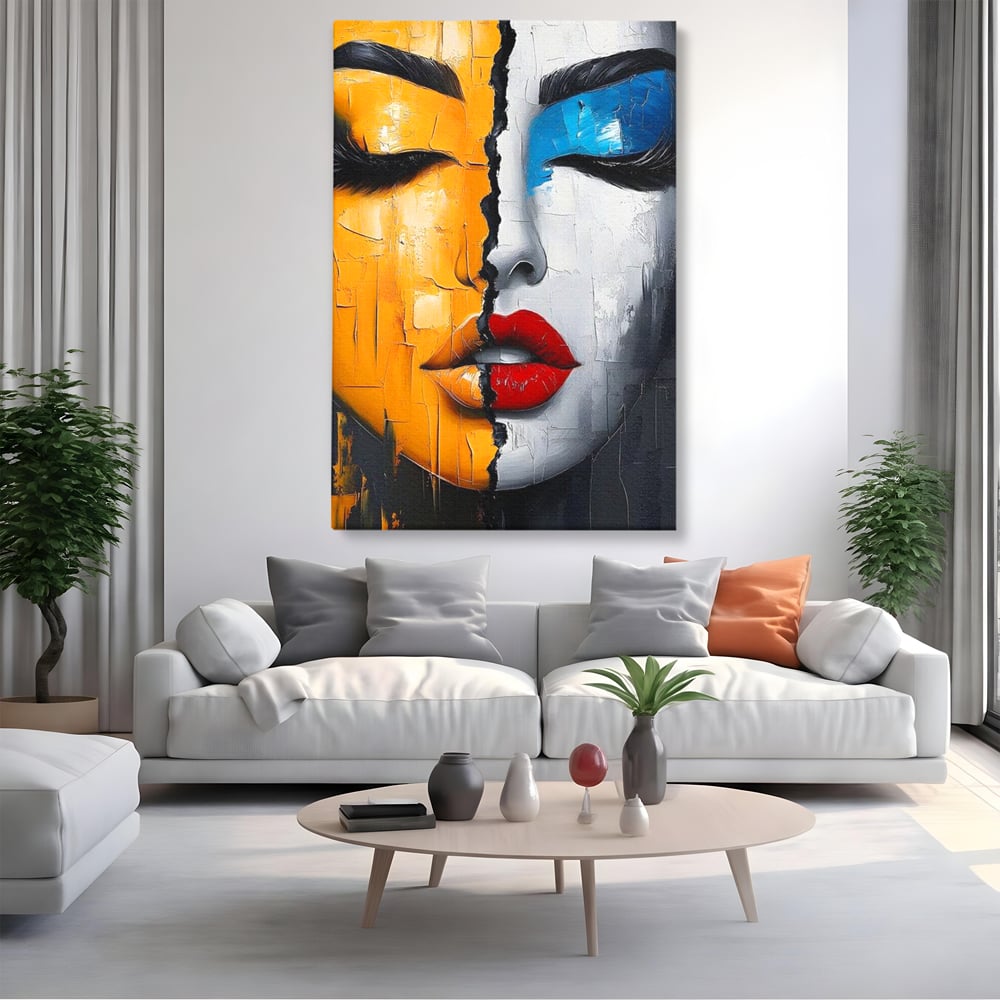 Leinwand Premium Canvas Wandkunst, LuxCanva® G1210, Stille und Schrei, Dualität, Mädchen, Kontrast, Schönheit, Licht, Schatten, Maske, Teilung, Wirkung, Herz, Porträt, Stille, Frieden, Lounge, Büro, Wohnzimmer, Schlafzimmer