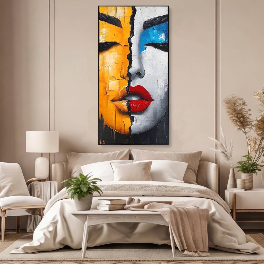 Leinwand Premium Canvas Wandkunst, LuxCanva® G1210, Stille und Schrei, Dualität, Mädchen, Kontrast, Schönheit, Licht, Schatten, Maske, Teilung, Wirkung, Herz, Porträt, Stille, Frieden, Lounge, Büro, Wohnzimmer, Schlafzimmer