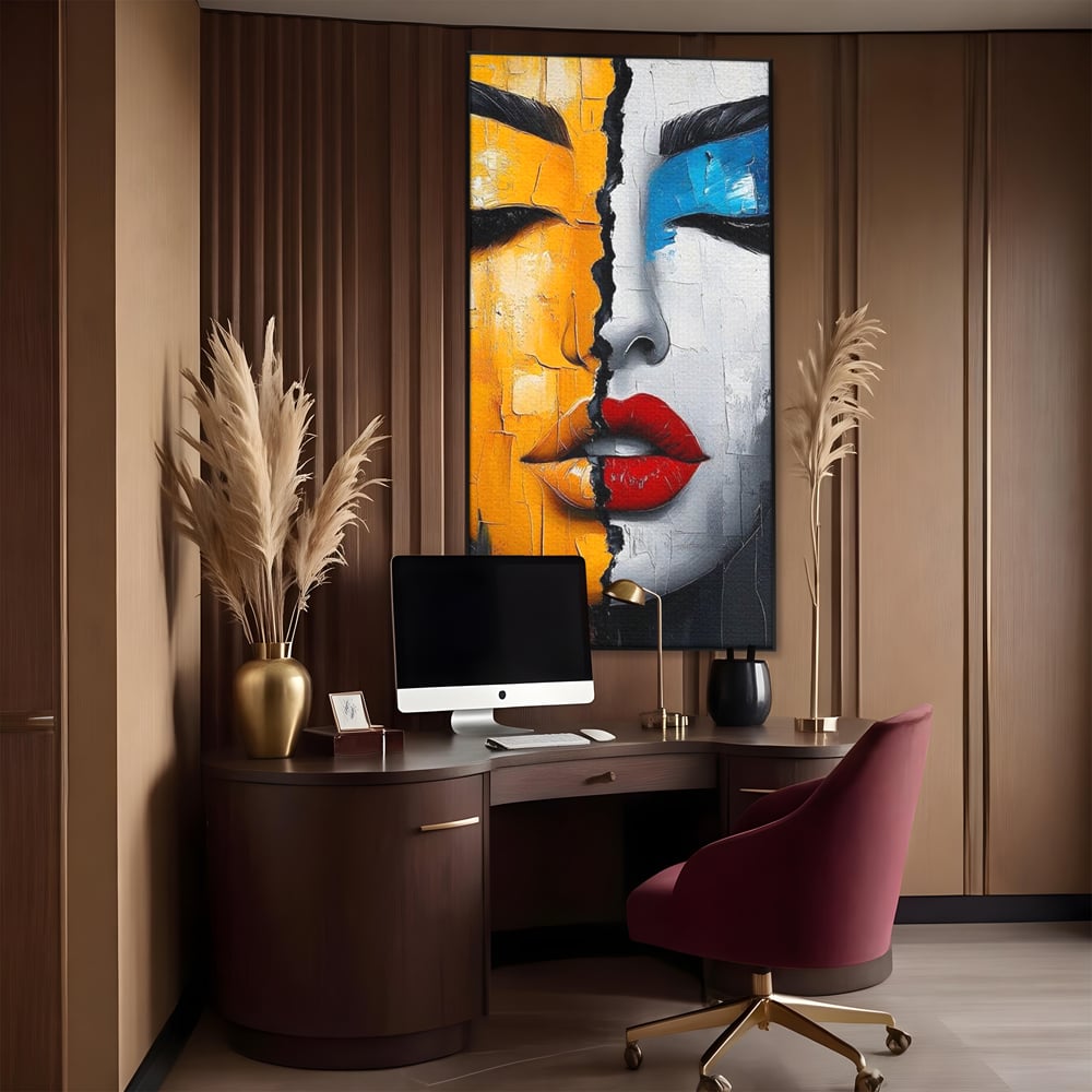 Leinwand Premium Canvas Wandkunst, LuxCanva® G1210, Stille und Schrei, Dualität, Mädchen, Kontrast, Schönheit, Licht, Schatten, Maske, Teilung, Wirkung, Herz, Porträt, Stille, Frieden, Lounge, Büro, Wohnzimmer, Schlafzimmer