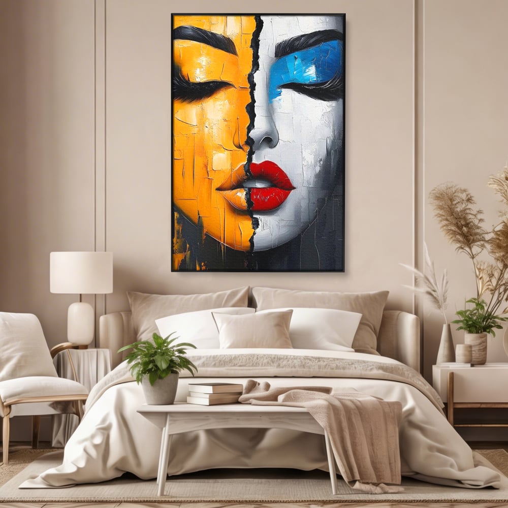 Leinwand Premium Canvas Wandkunst, LuxCanva® G1210, Stille und Schrei, Dualität, Mädchen, Kontrast, Schönheit, Licht, Schatten, Maske, Teilung, Wirkung, Herz, Porträt, Stille, Frieden, Lounge, Büro, Wohnzimmer, Schlafzimmer