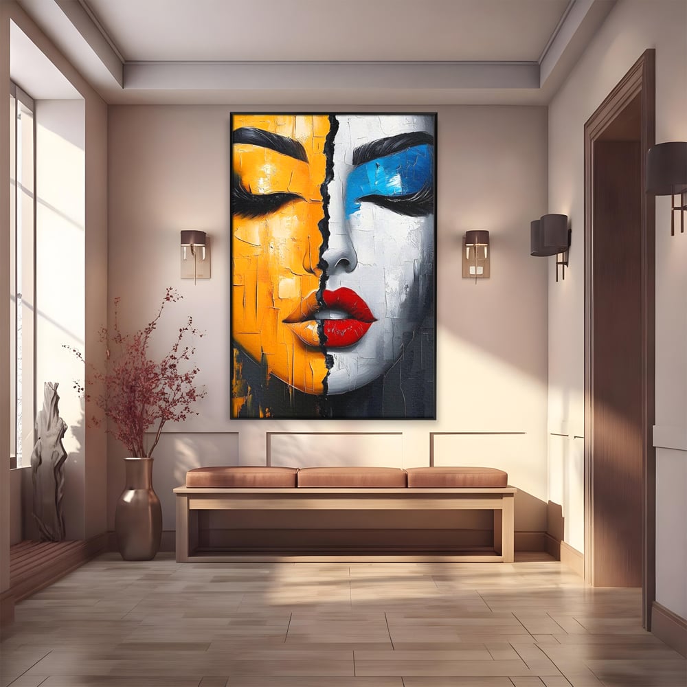 Leinwand Premium Canvas Wandkunst, LuxCanva® G1210, Stille und Schrei, Dualität, Mädchen, Kontrast, Schönheit, Licht, Schatten, Maske, Teilung, Wirkung, Herz, Porträt, Stille, Frieden, Lounge, Büro, Wohnzimmer, Schlafzimmer
