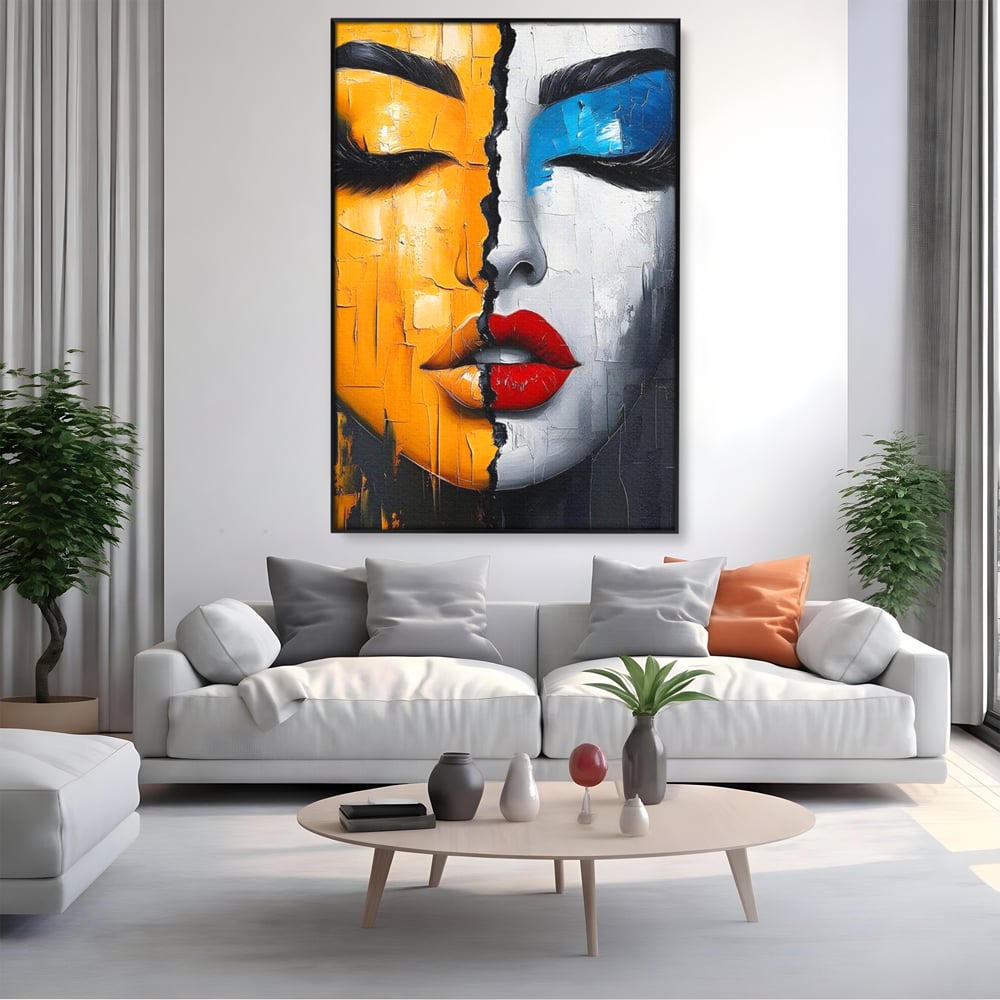 Leinwand Premium Canvas Wandkunst, LuxCanva® G1210, Stille und Schrei, Dualität, Mädchen, Kontrast, Schönheit, Licht, Schatten, Maske, Teilung, Wirkung, Herz, Porträt, Stille, Frieden, Lounge, Büro, Wohnzimmer, Schlafzimmer